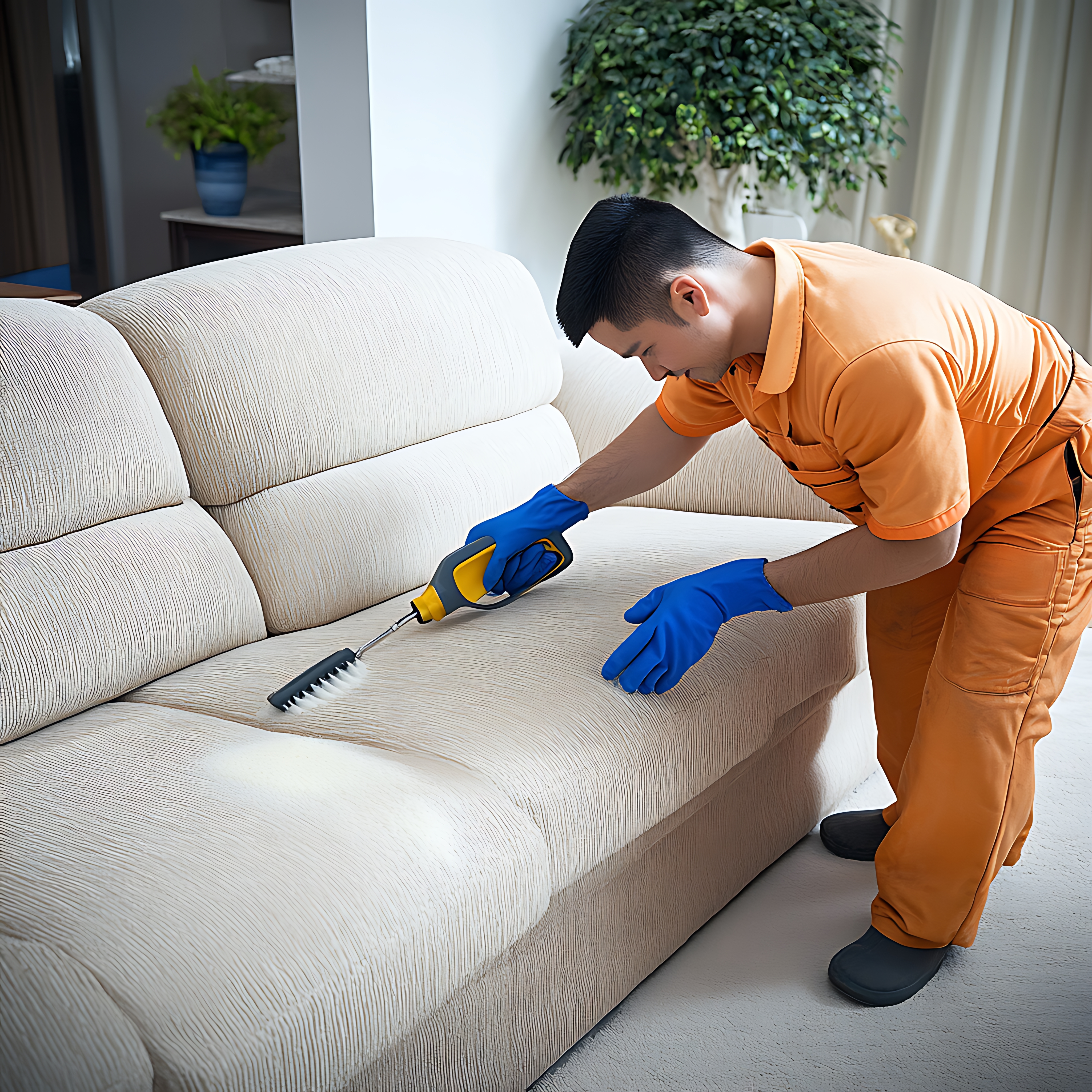arafed man in orange shirt cleaning a couch with a yellow and black vacuum