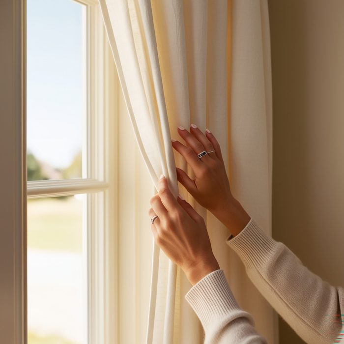 Close up of a woman hands opening curtain of a house window